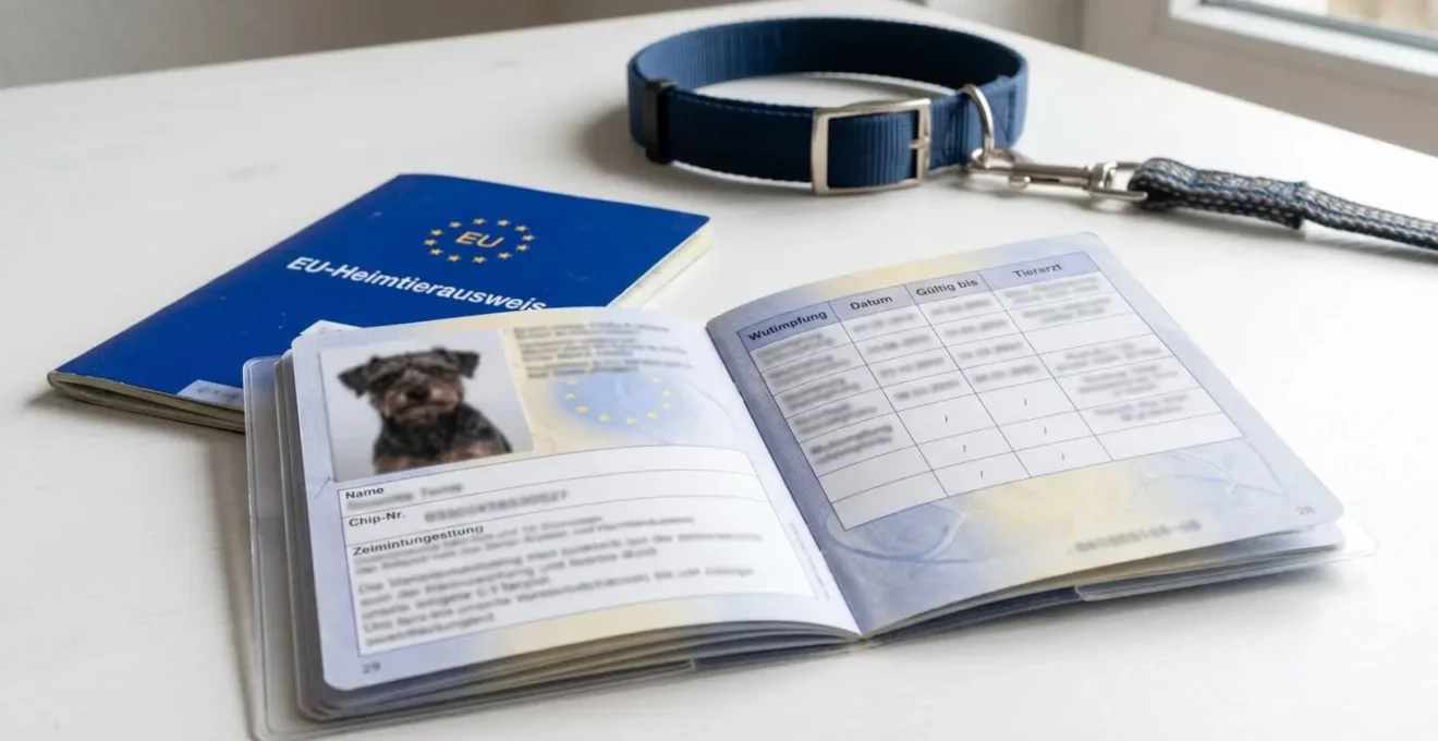 Extreme Nahaufnahme eines aufgeschlagenen EU-Heimtierausweises auf weissem Tisch, mit Hundehalsband im unscharfen Hintergrund, Dokumenttext verschwommen