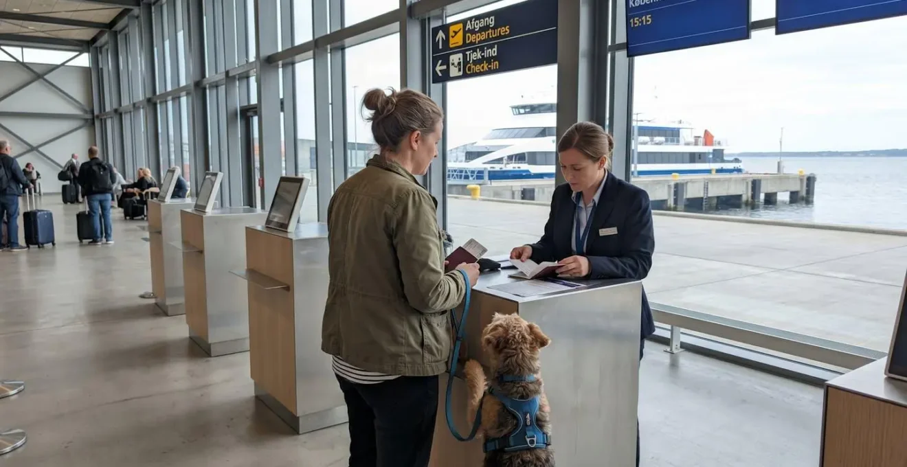 Ein Hundebesitzer mit mittelgroßem Hund am modernen Fährterminal beim Check-in, über die Schulter fotografiert, helles Tageslicht durch Terminalfenster