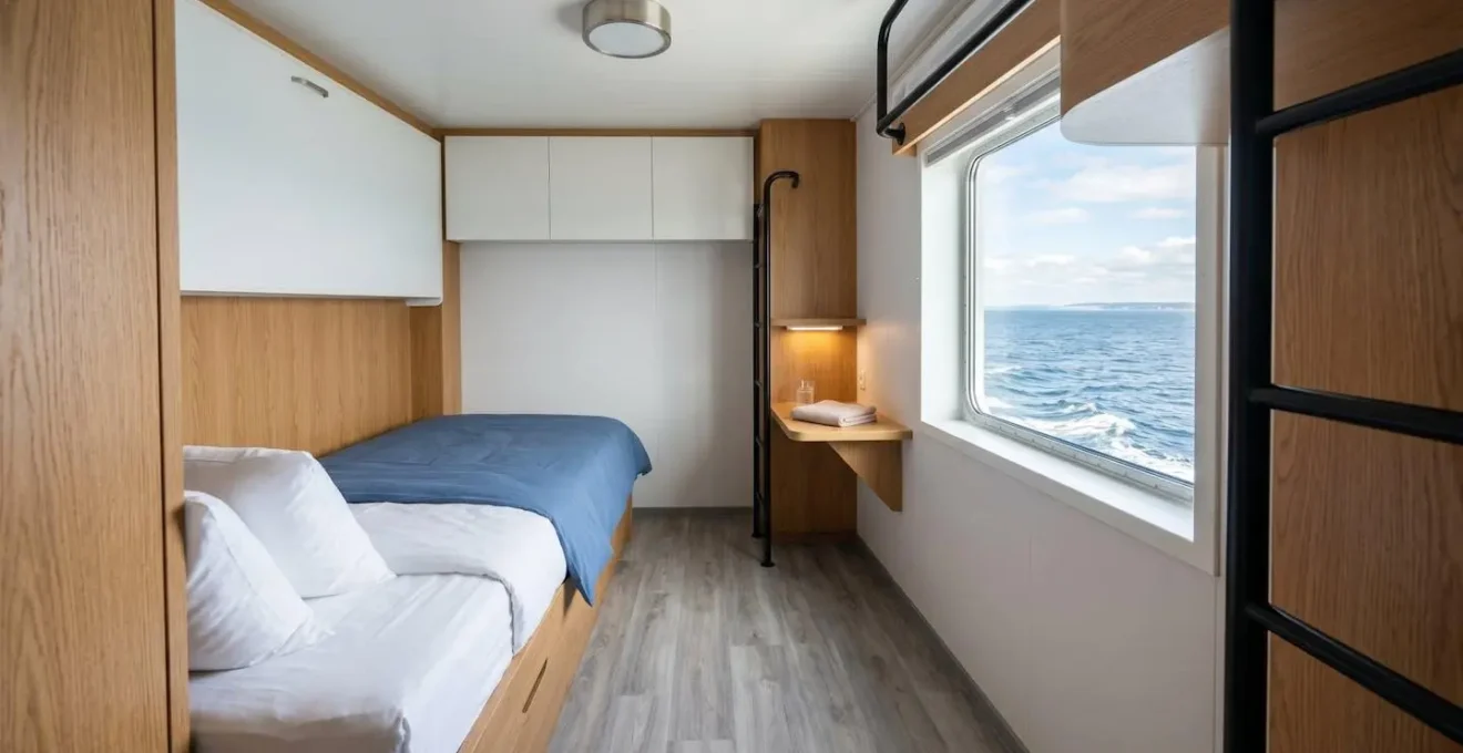 Weitwinkelaufnahme einer modernen Fährschiffskabine mit Linoleumboden für Haustiere, leere saubere Kabine mit Bett und kleinem Fenster mit Meerblick, helles Tageslicht